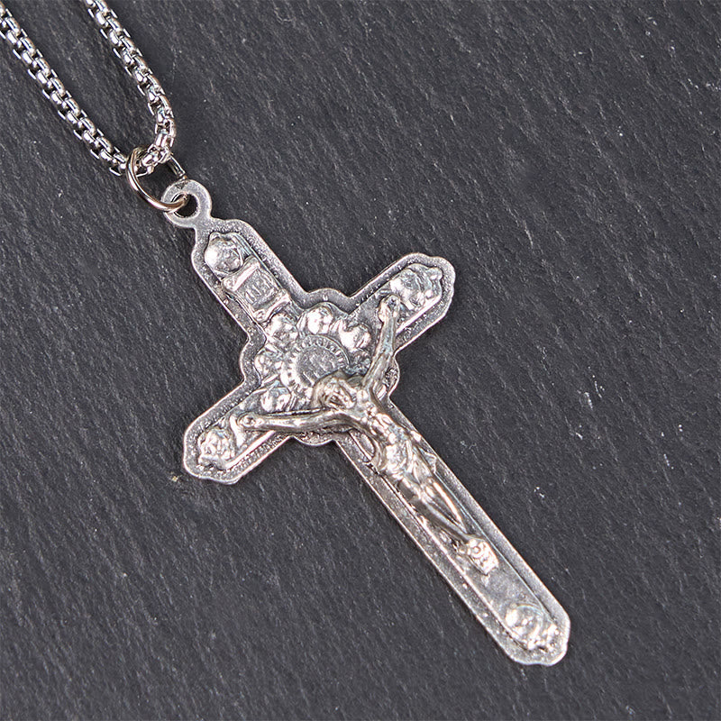 Retro Style Old Craft Jesus Crucifix Angels-Surrounded Pendant Necklace