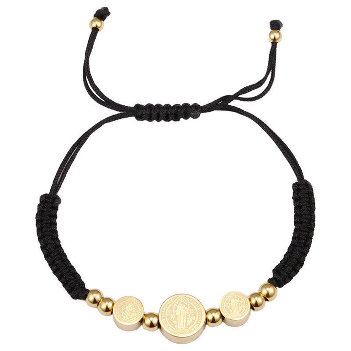 Stainless Steel Braided St. Benedict Black Rope String Bracelet