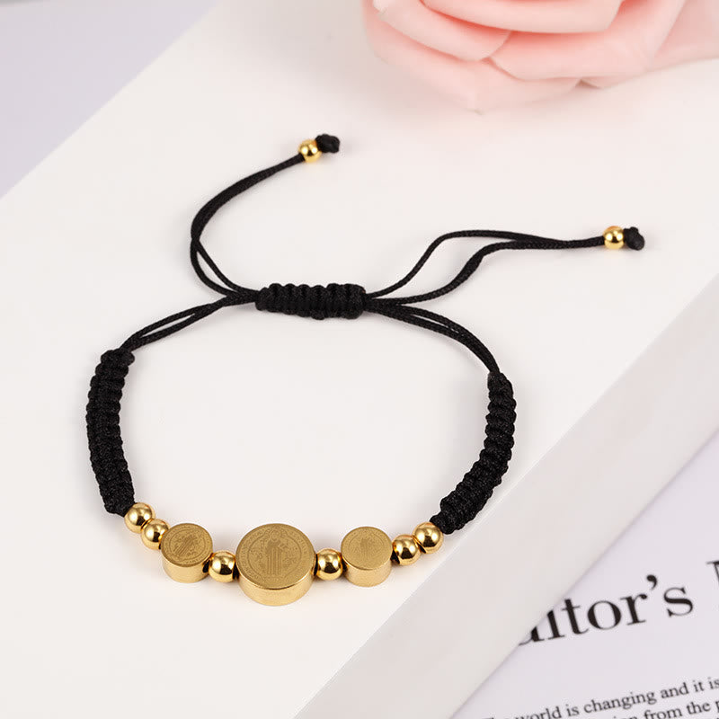 Stainless Steel Braided St. Benedict Black Rope String Bracelet