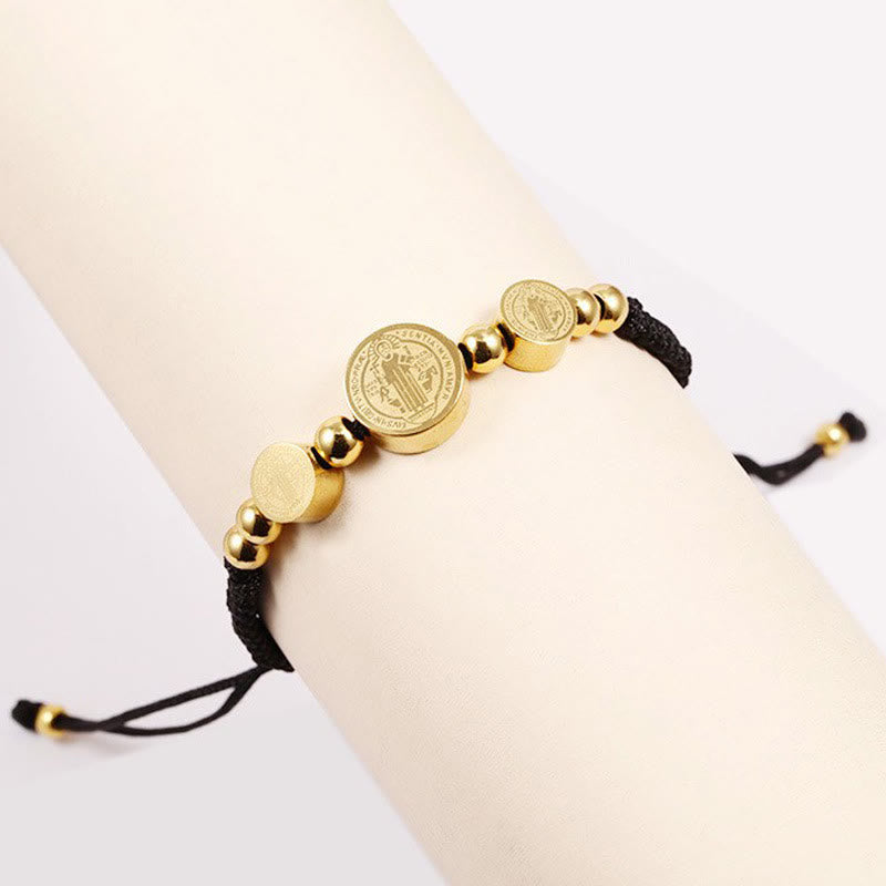 Stainless Steel Braided St. Benedict Black Rope String Bracelet