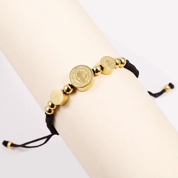 Stainless Steel Braided St. Benedict Black Rope String Bracelet