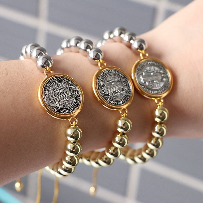 Copper Beads St. Benedict Medal Two-tone Color Adjustable Bracelet