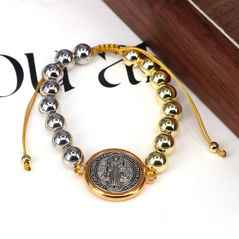 Copper Beads St. Benedict Medal Two-tone Color Adjustable Bracelet