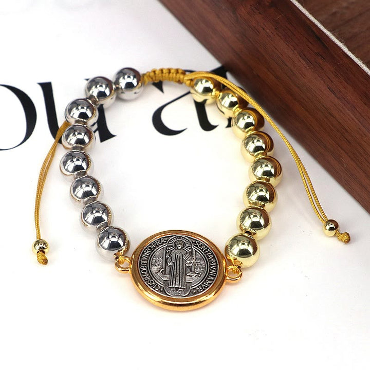 Copper Beads St. Benedict Medal Two-tone Color Adjustable Bracelet