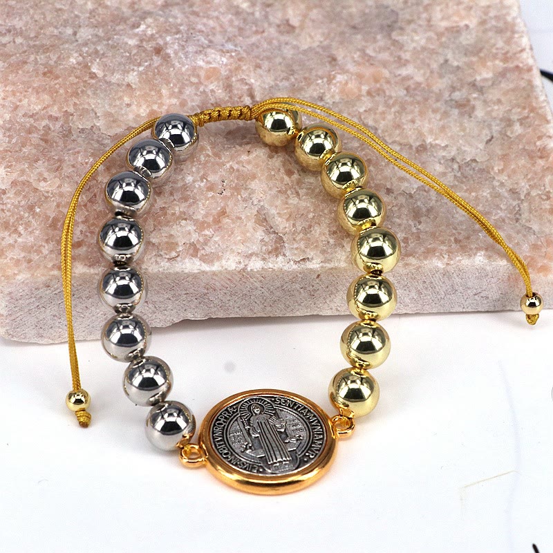 Copper Beads St. Benedict Medal Two-tone Color Adjustable Bracelet