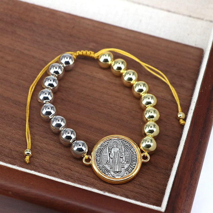 Copper Beads St. Benedict Medal Two-tone Color Adjustable Bracelet