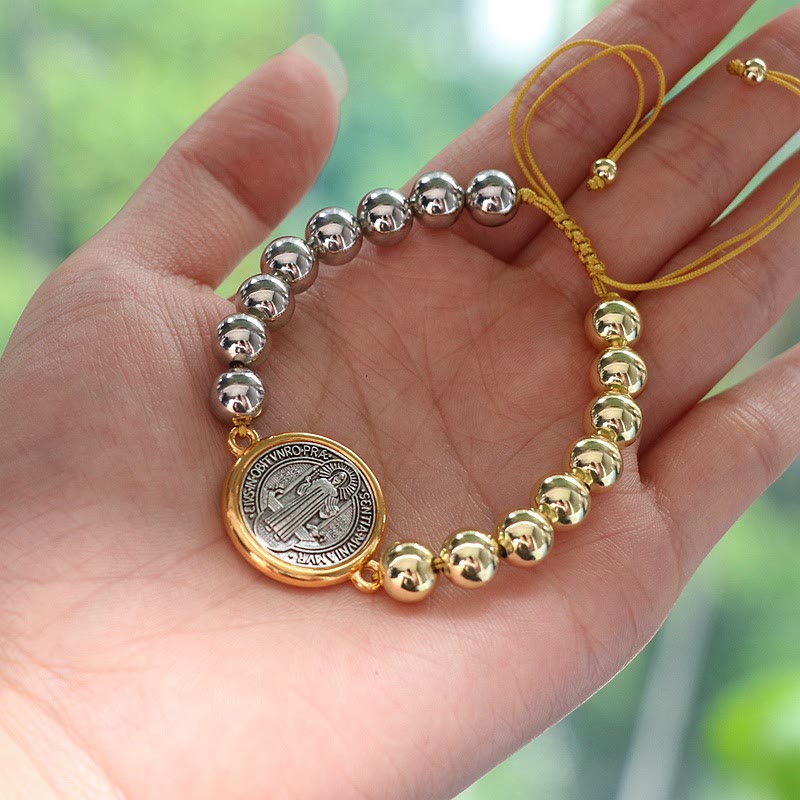 Copper Beads St. Benedict Medal Two-tone Color Adjustable Bracelet