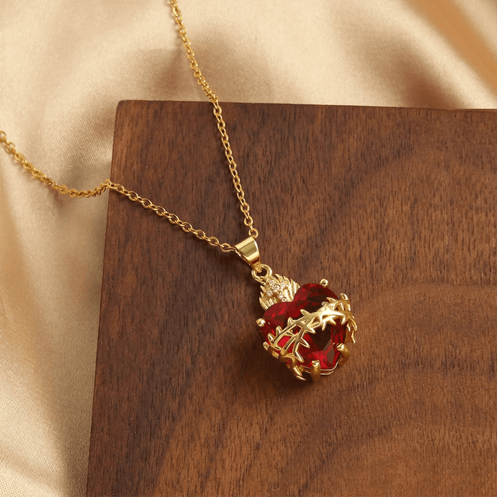 Modern Style Crafted Red Gemstones Sacred Heart of Jesus Pendant Necklace