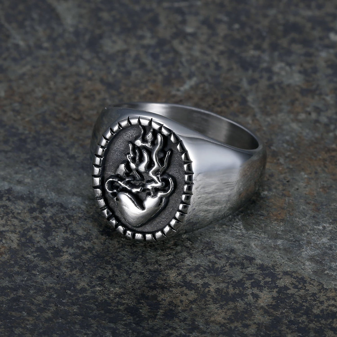 Classic Retro Style Jesus Sacred Heart Engraved Stainless Steel Faith Ring