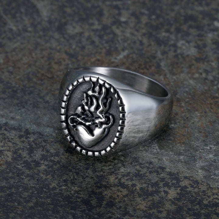 Classic Retro Style Jesus Sacred Heart Engraved Stainless Steel Faith Ring