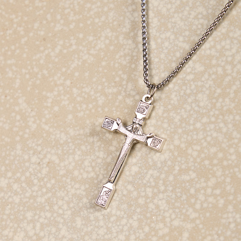 Minimalist Exclusive Craft Jesus Crucifix with Roses Pendant Necklace