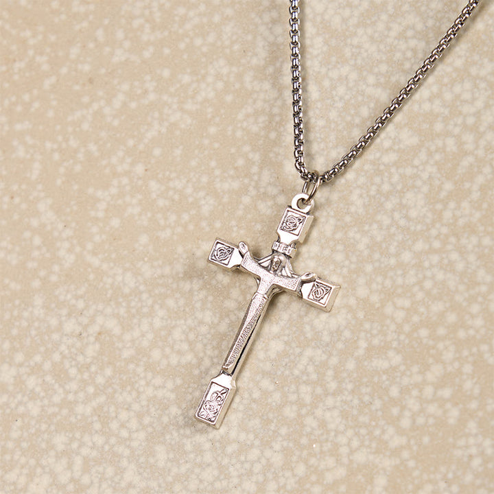 Minimalist Exclusive Craft Jesus Crucifix with Roses Pendant Necklace