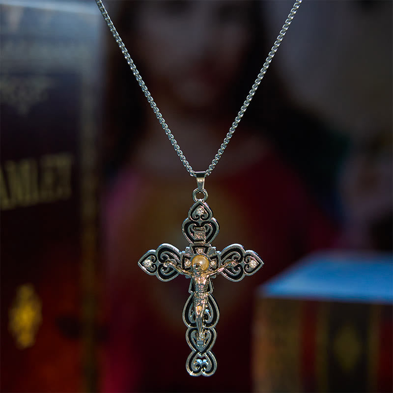 6 Color 3 Gemstones-Set of Trinity Crucifix with Pearl Behind Pendant Necklace