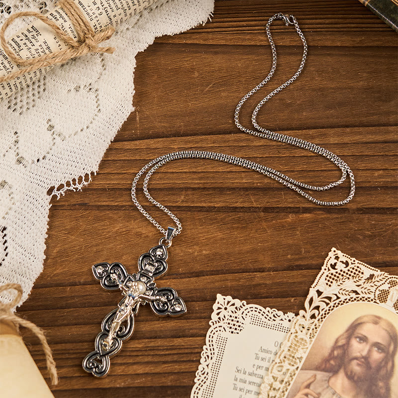 6 Color 3 Gemstones-Set of Trinity Crucifix with Pearl Behind Pendant Necklace
