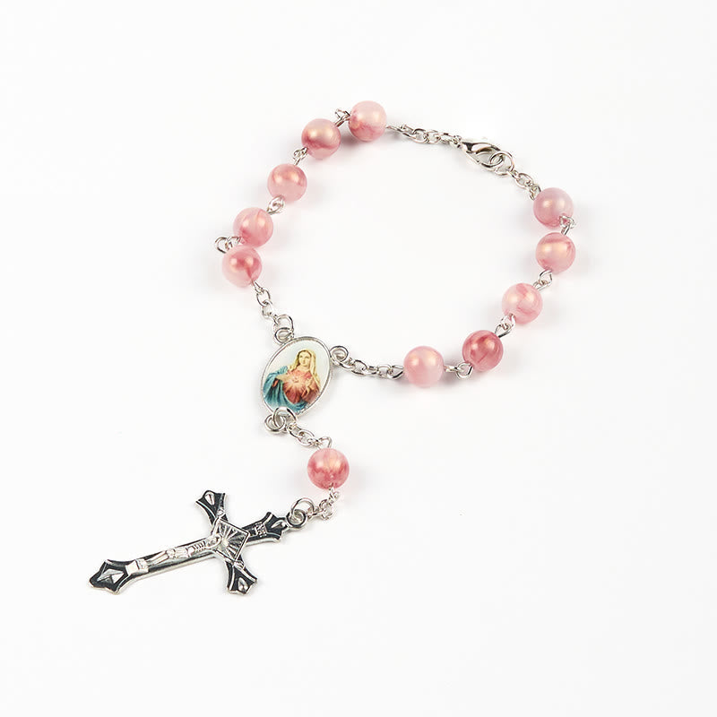 Immaculate Heart of Mary of 8mm Round Pink Alloy Chain Rosary