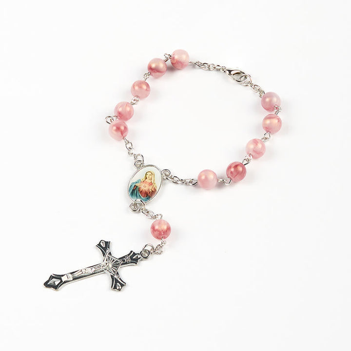 Immaculate Heart of Mary of 8mm Round Pink Alloy Chain Rosary
