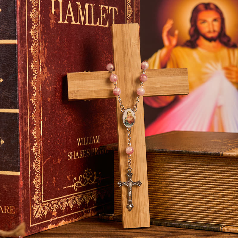 Immaculate Heart of Mary of 8mm Round Pink Alloy Chain Rosary