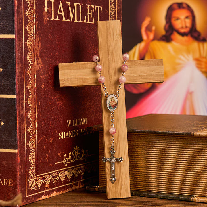 Immaculate Heart of Mary of 8mm Round Pink Alloy Chain Rosary
