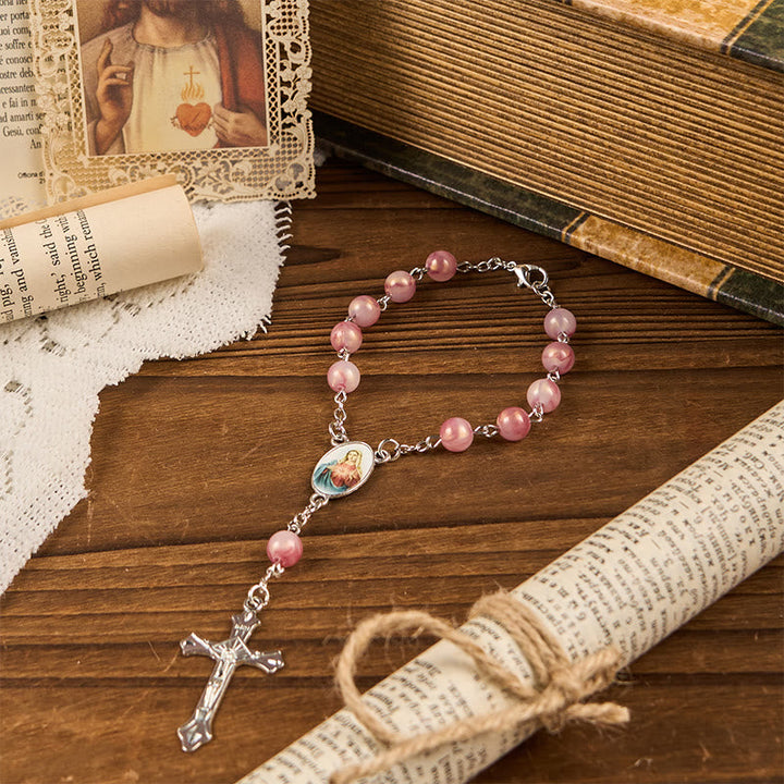 Immaculate Heart of Mary of 8mm Round Pink Alloy Chain Rosary