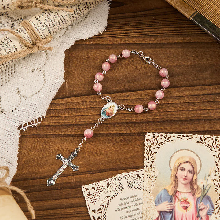 Immaculate Heart of Mary of 8mm Round Pink Alloy Chain Rosary