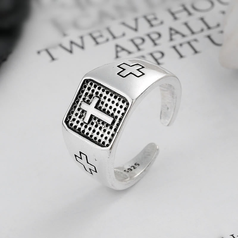 925 Sterling Silver Minimalist Cross Engraved Adjustable Faith Ring