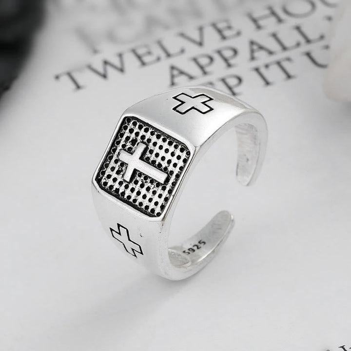 925 Sterling Silver Minimalist Cross Engraved Adjustable Faith Ring