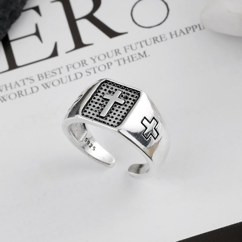 925 Sterling Silver Minimalist Cross Engraved Adjustable Faith Ring