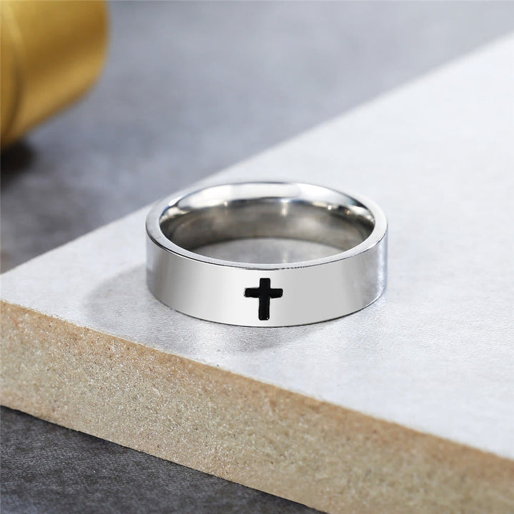 Minimalist Style Glossy Cross Engraved Titanium Faith Ring