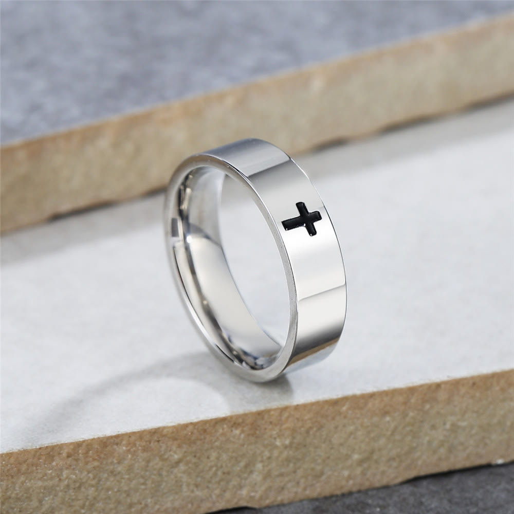 Minimalist Style Glossy Cross Engraved Titanium Faith Ring