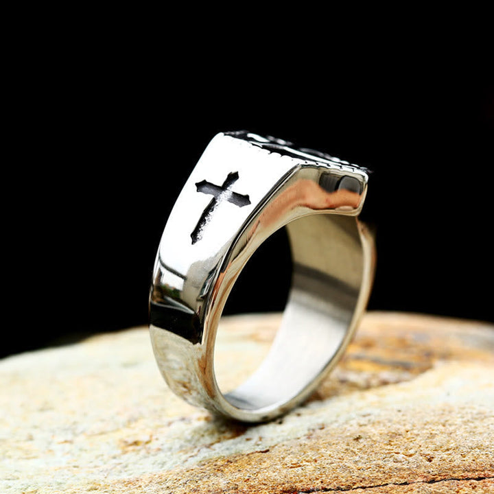 Retro Minimalist Style Cross Engraved Stainless Steel Faith Ring