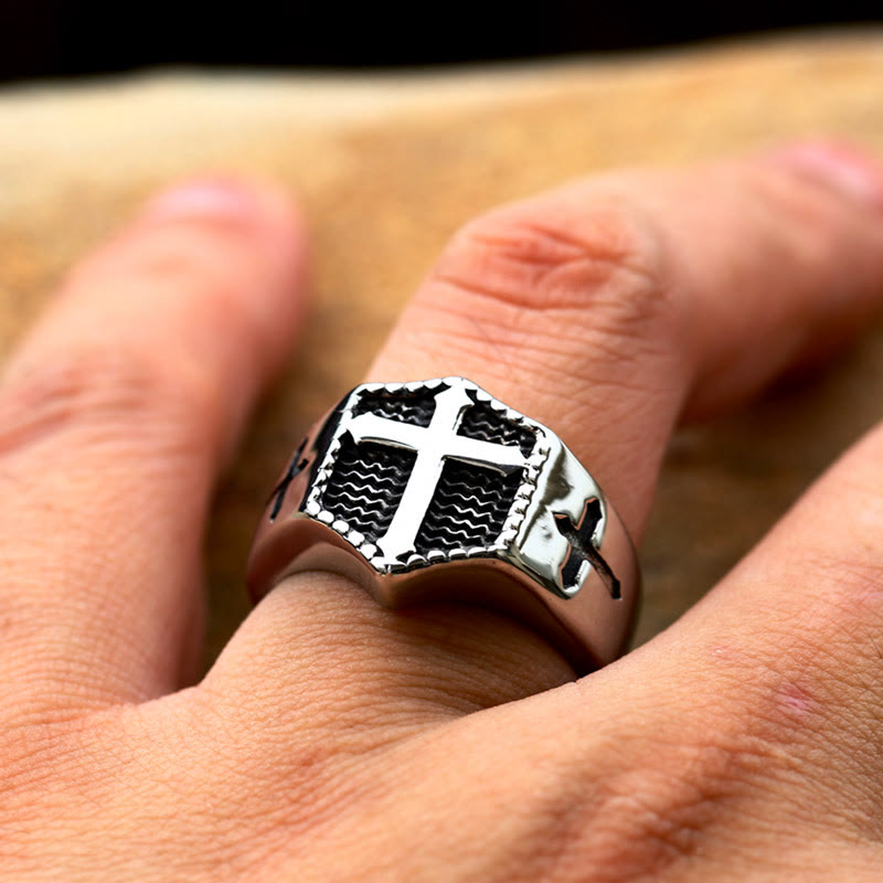 Retro Minimalist Style Cross Engraved Stainless Steel Faith Ring