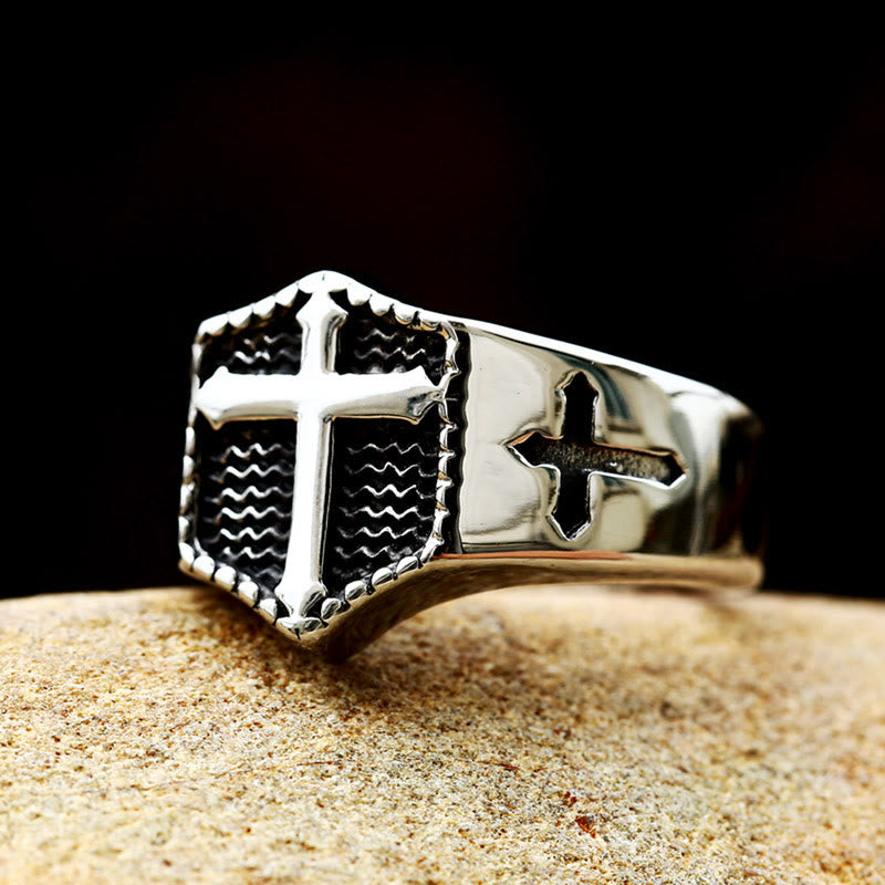 Retro Minimalist Style Cross Engraved Stainless Steel Faith Ring