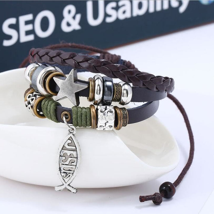 Retro Jesus Fish Adjustable Leather Cord Bracelet