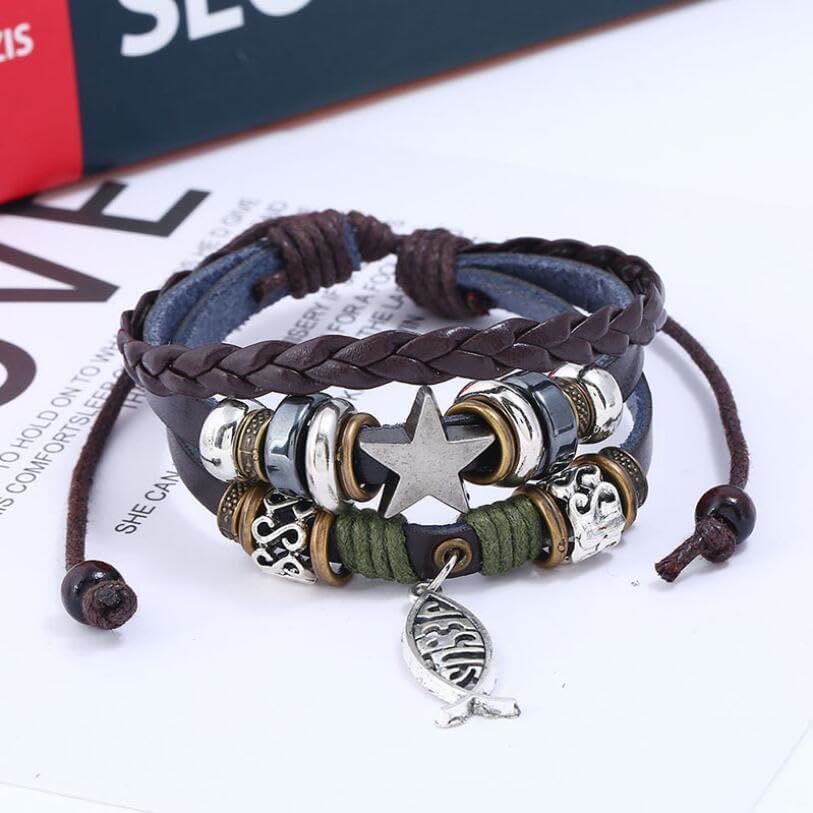 Retro Jesus Fish Adjustable Leather Cord Bracelet