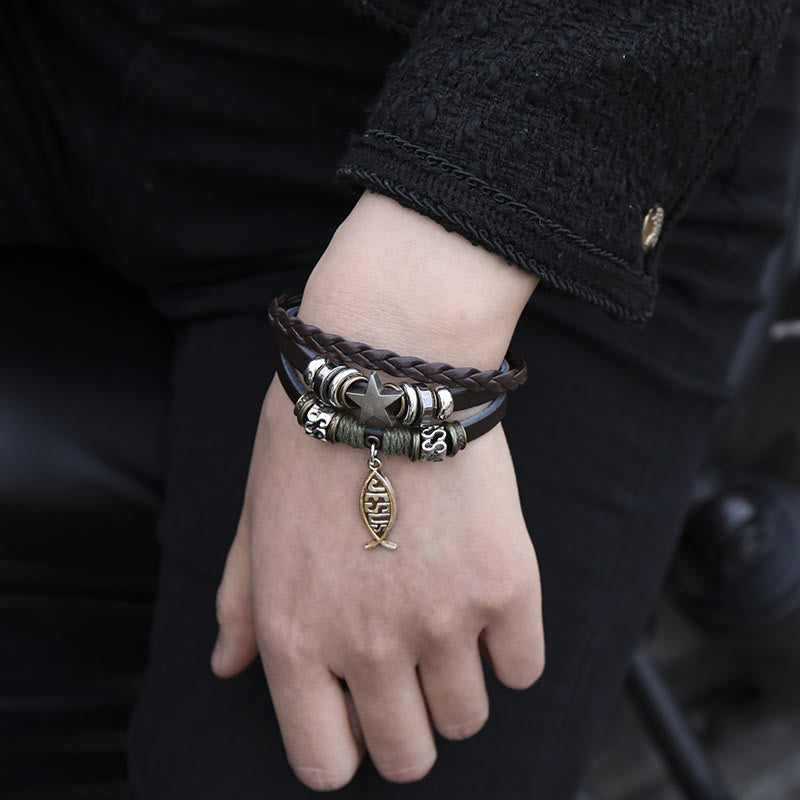 Retro Jesus Fish Adjustable Leather Cord Bracelet