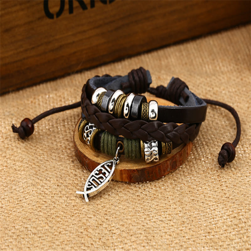 Retro Jesus Fish Adjustable Leather Cord Bracelet
