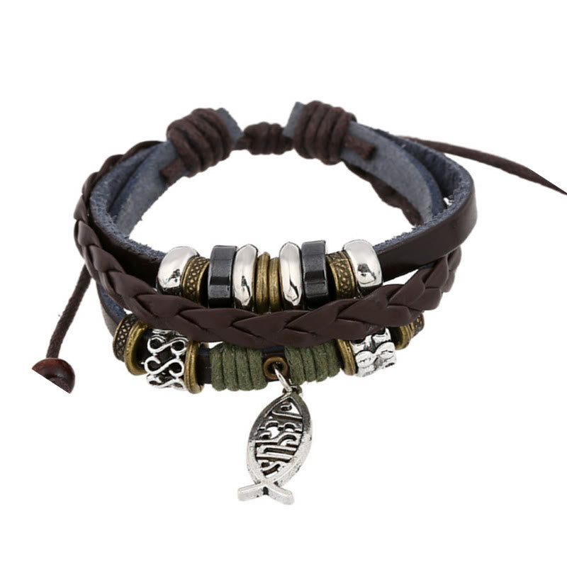 Retro Jesus Fish Adjustable Leather Cord Bracelet