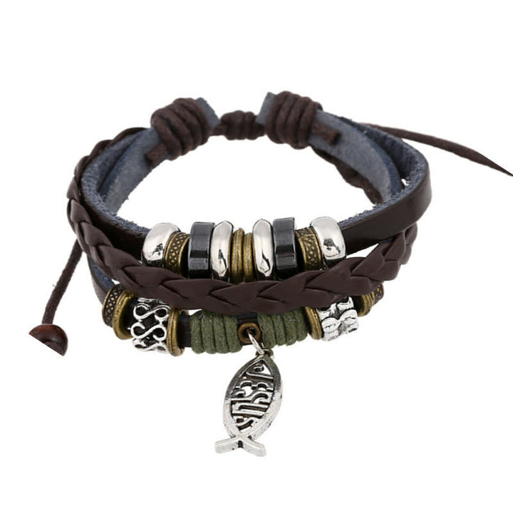 Retro Jesus Fish Adjustable Leather Cord Bracelet