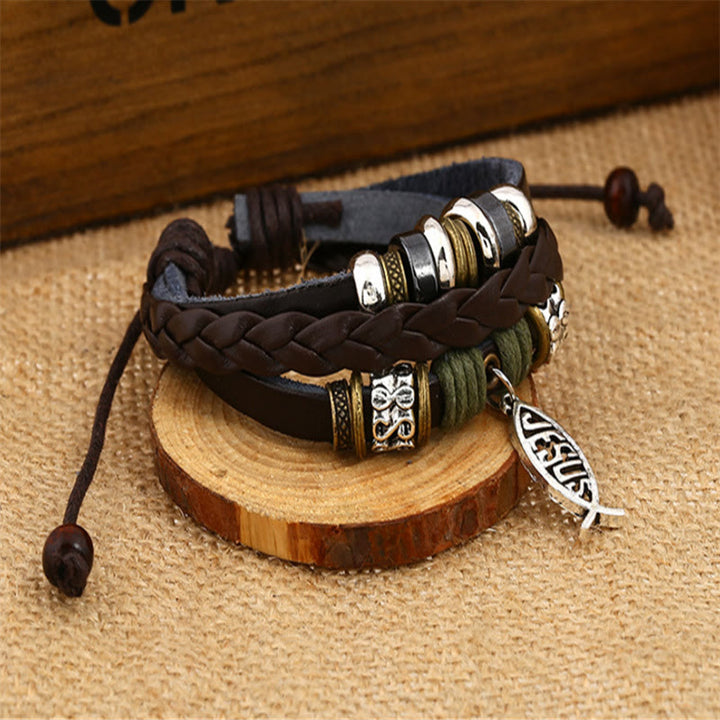 Retro Jesus Fish Adjustable Leather Cord Bracelet
