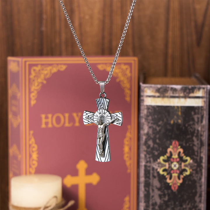 Retro Style Tree Pattern Jesus Cross Titanium Steel Pendant Necklace