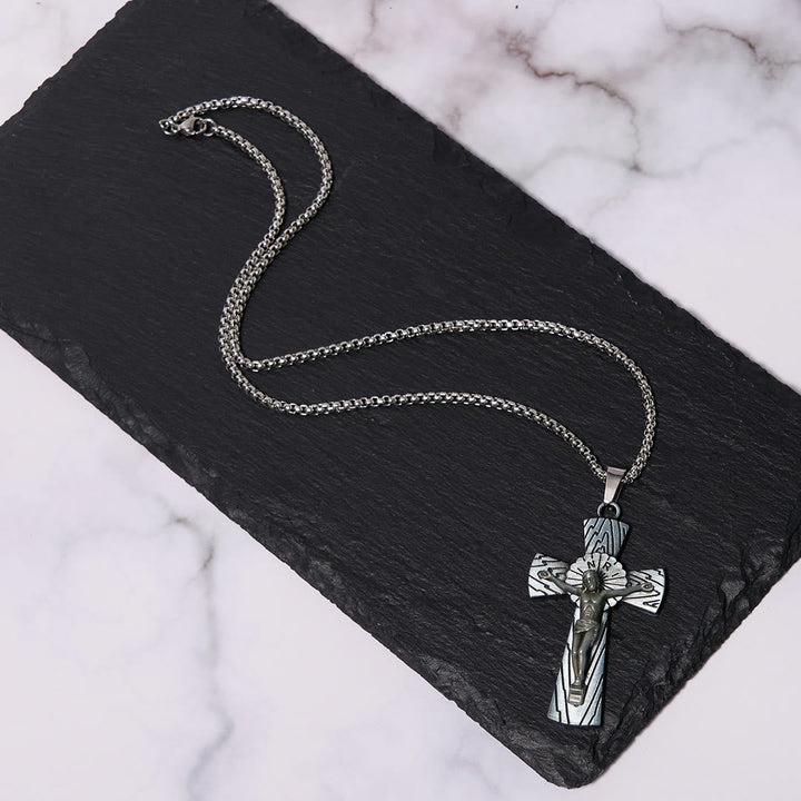 Retro Style Tree Pattern Jesus Cross Titanium Steel Pendant Necklace
