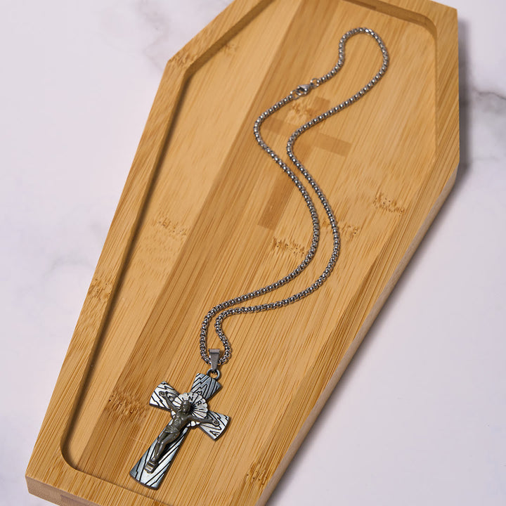 Retro Style Tree Pattern Jesus Cross Titanium Steel Pendant Necklace