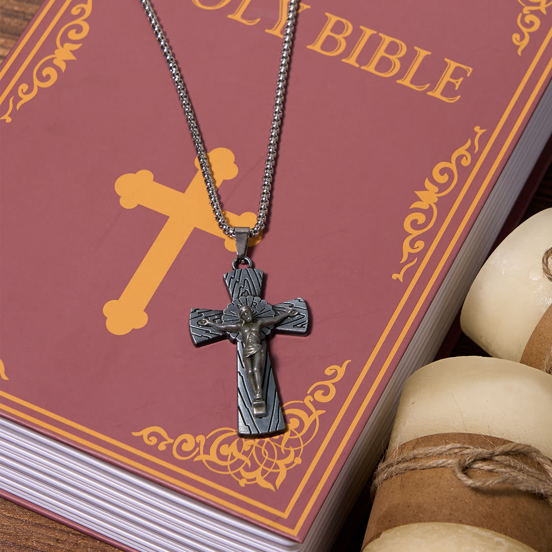Retro Style Tree Pattern Jesus Cross Titanium Steel Pendant Necklace