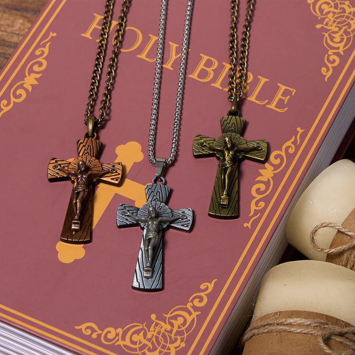 Retro Style Tree Pattern Jesus Cross Titanium Steel Pendant Necklace