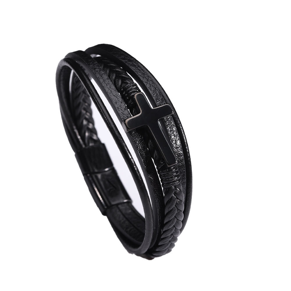 Cross of Black Leather Cuff Band Bracelet