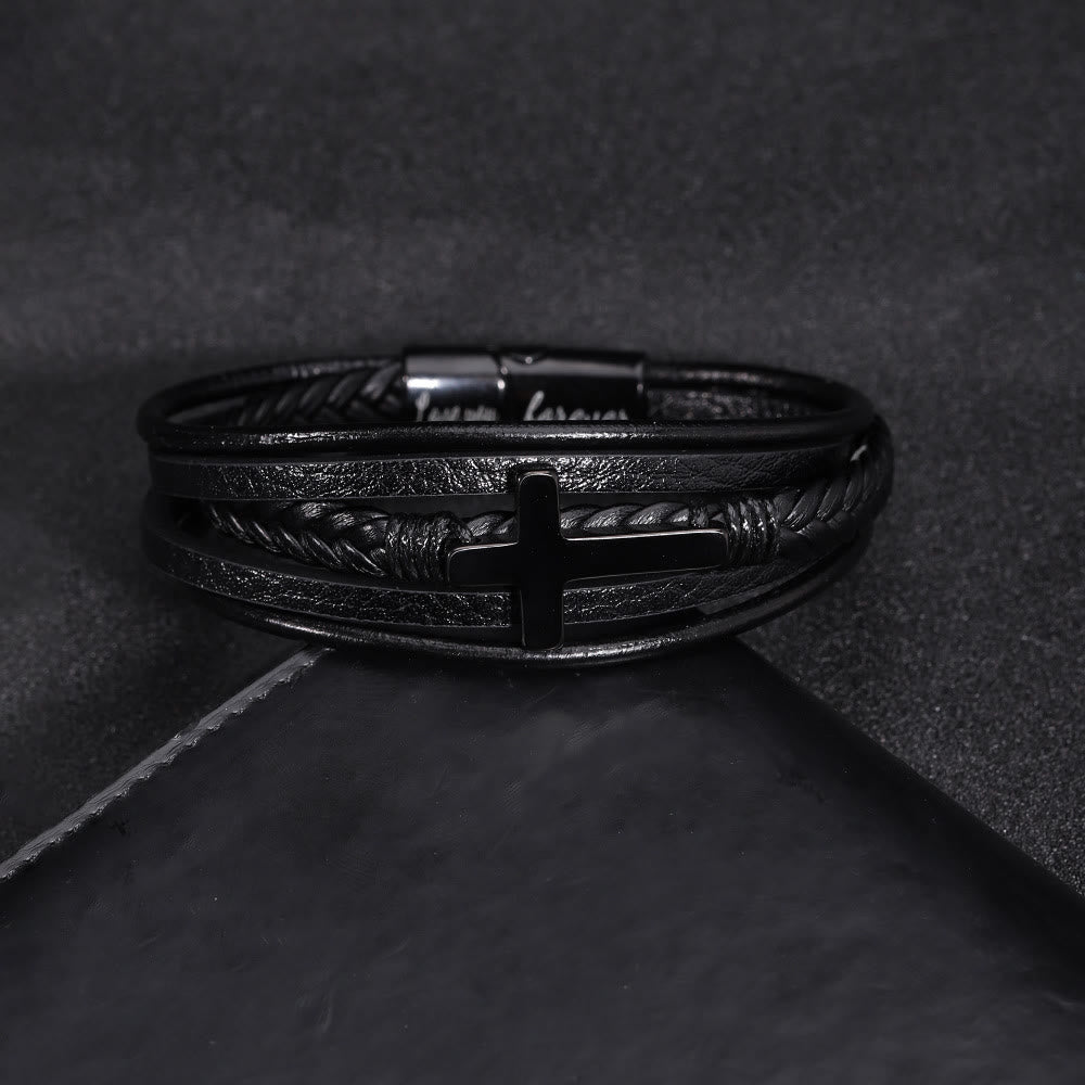 Cross of Black Leather Cuff Band Bracelet
