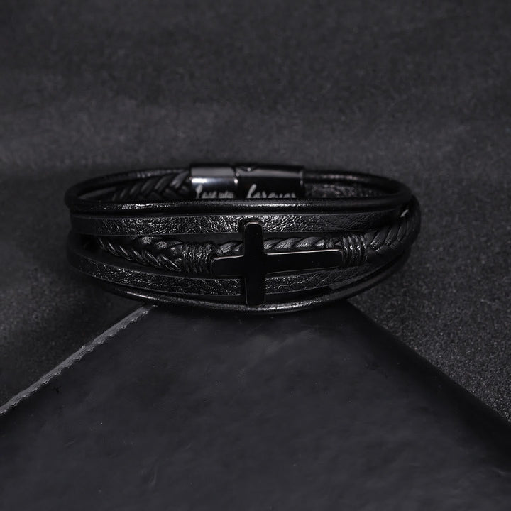 Cross of Black Leather Cuff Band Bracelet