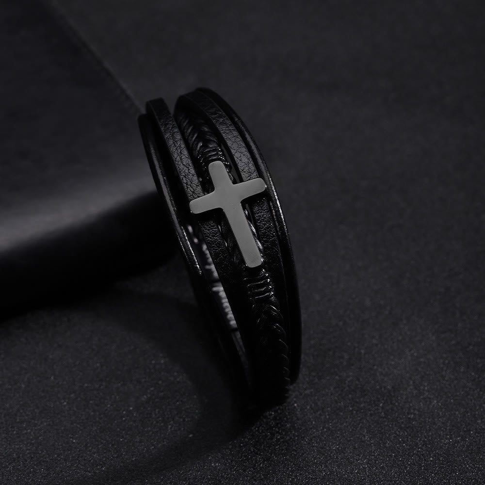 Cross of Black Leather Cuff Band Bracelet