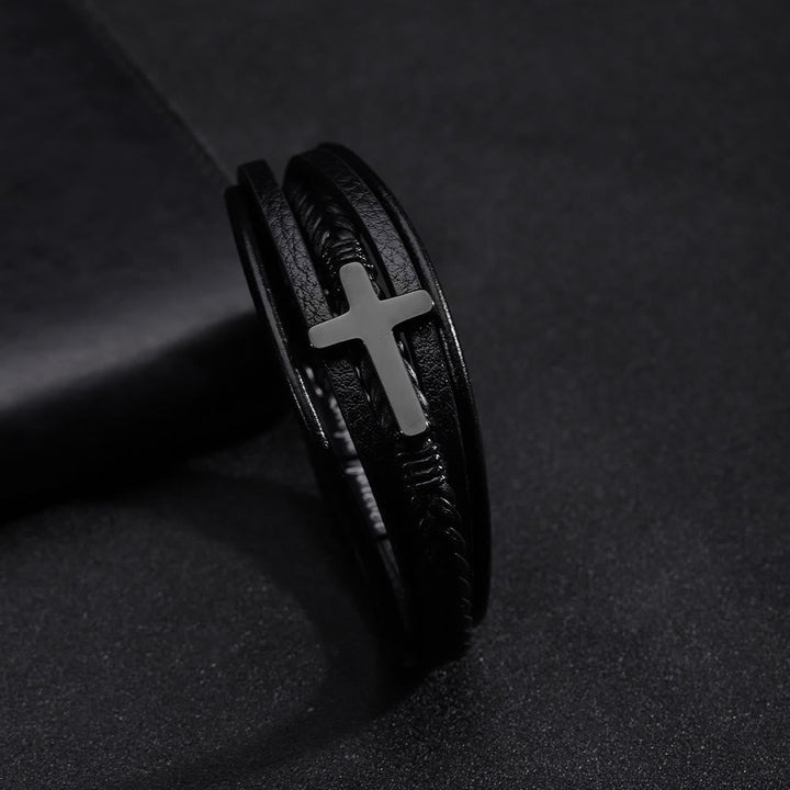 Cross of Black Leather Cuff Band Bracelet