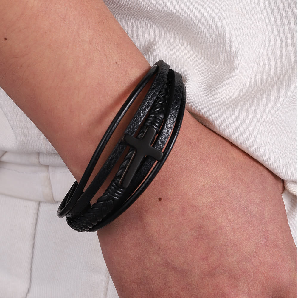 Cross of Black Leather Cuff Band Bracelet